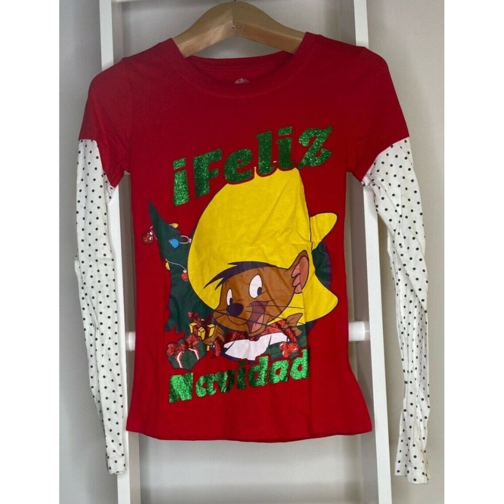 Looney Tunes Feliz Navidad Graphic Tee Juniors Small Red Christmas Cotton